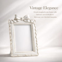French Vintage Bow Photo Frame, Distressed White Resin Picture Frame, European Classical Ornate Display, Tabletop Frame for Home Decor