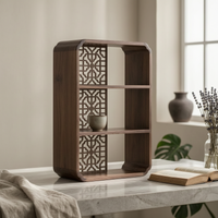 Wood Display Shelf with Carved Lattice Compact Three-Tier Shelf Small Space Wooden Bookshelf for Living Room