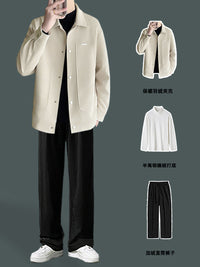 轻薄羽绒服男冬季套装2025新款翻领夹克男生仿毛呢外套穿搭一整套