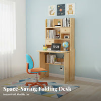 Folding Desk with Bookshelf Foldable Design Solid Wood Murphy Desk Space-Saving Study Table for Children, Students, Small Areas, Bedroom, Dorm Room