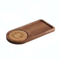 Wooden Tray Unique Shape Wooden Tray with Rattan Coaster Handcrafted Acacia Wood Snack Platter for Home, Cafe, Hotel