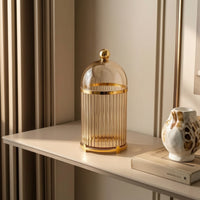 Gold-Toned Fruit Fork Holder with Lid Decorative Dessert Fork Storage Container Ribbed Utensil Holder with Lid Dustproof for Hosts, Homeowners, Dining Table, Kitchen Countertop