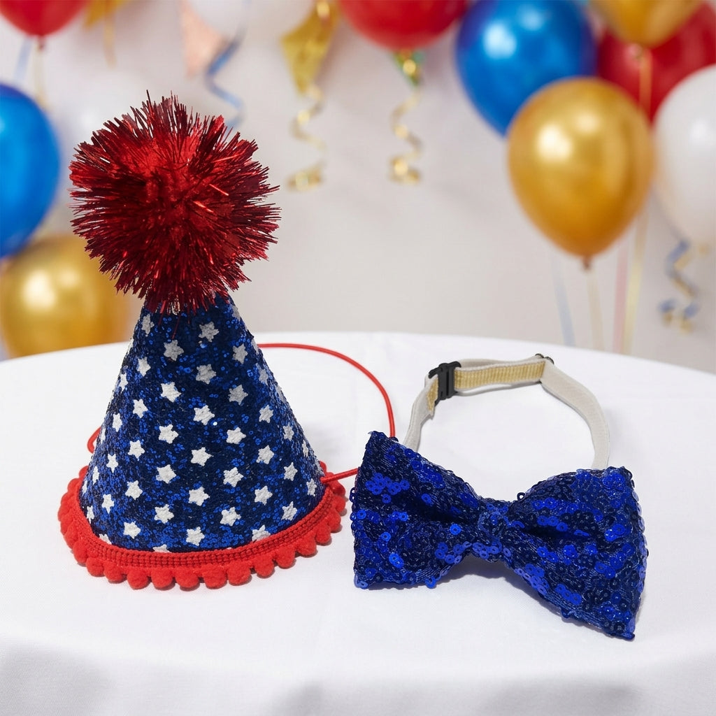 Dog Birthday Costume Hat & Bib Set, Red White Blue, Pet Birthday Outfit for Small & Medium Dogs