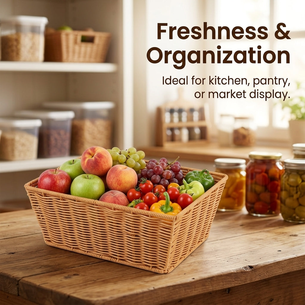 Woven Fruit Basket for Kitchen with Iron Frame, Rattan Style Storage for Pantry Organization, Rust Resistant Design for Households