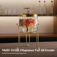 Glass Drink Dispenser with Tap and Gilded Metal Stand, Creative Design Glass Water and Iced Tea Gathering Dispenser, Large Capacity Beverage Server