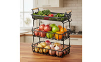 3-Tier Fruit Basket Wire Mesh Three-Tier Fruit Basket Stable Kitchen Organizer with Hooks for Pantry