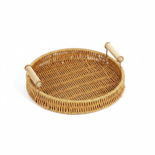 Woven Tray with Wooden Handles Versatile Faux Rattan Serving Platter Great Gift Idea Round Bread Basket for Kitchen, Dining Table, Living Room