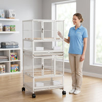 Parrot Cage with Rolling Stand, Large Bird Cage Villa for Indoor Use, Multi-Layer Pet Bird Cage with Storage Shelf and Wheels for Easy Movement