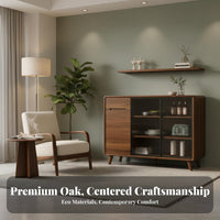 1 Piece Dining Room Buffet Cabinet Wooden Sideboard Storage Cupboard Fluted Glass Door Solid Wood Frame Versatile Console Suitable for Adults Entryway Hallway Home Office