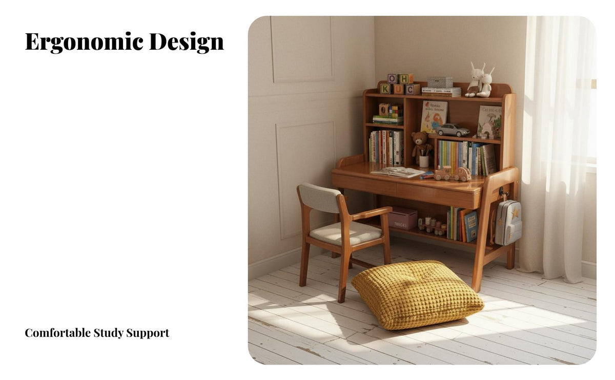 Integrated Bookshelf Adjustable Student Writing Desk Easy Assembly Kids Desk and Chair Set Solid Wood Study Table Set for Students, Girls, Boys, Bedroom, Home, Playroom