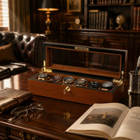 Wooden Watch Display Box Cushioned Compartments Watch Display Box Teak-Grain Finish Gold-Tone Hardware