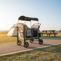 Four-Seat Pram Wagon Black Canopy 4 Seat Pram Wagon Storage Pockets Kids Transport
