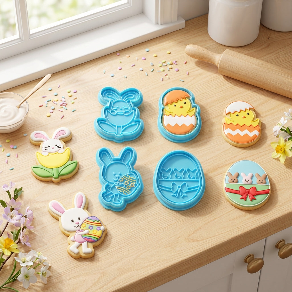 4 Piece Easter Cookie Cutters, 3D Plunger Biscuit Moulds Set with Bunny Chick Egg Shapes, Plastic Baking Stamps for DIY Fondant, Pastry & Kids Craft