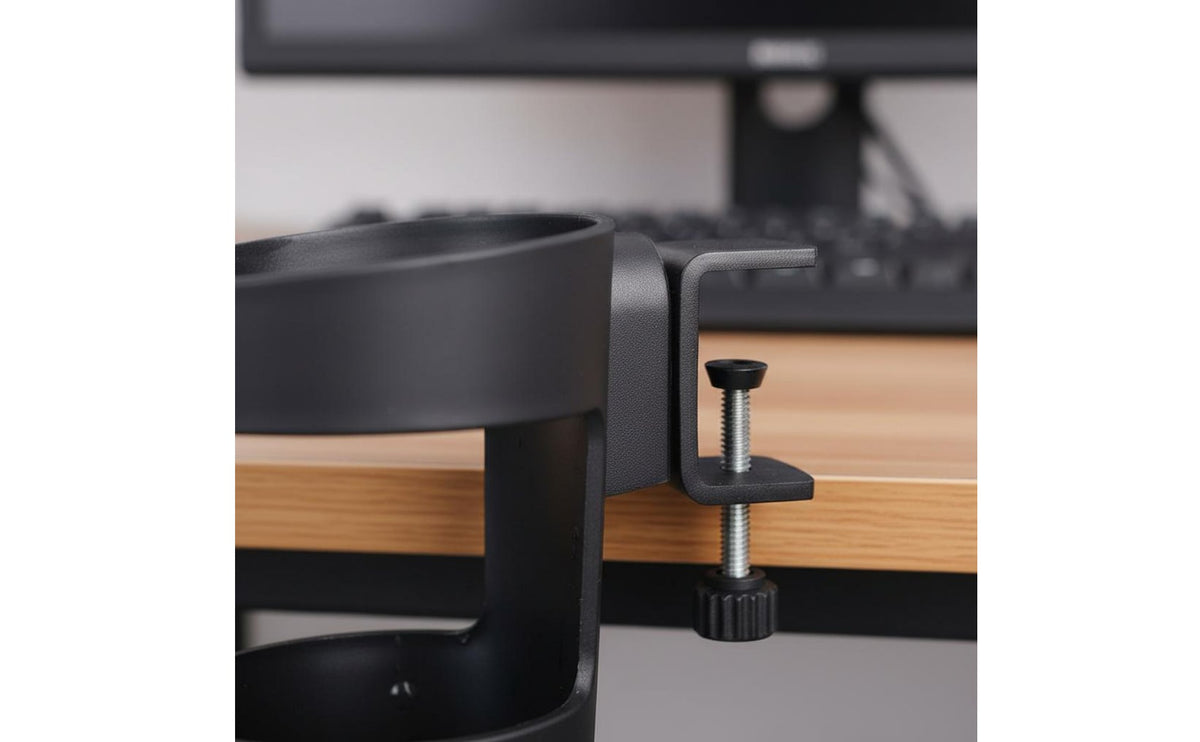 Space Saving Clamp-on Cup Holder Drill-Uncluttered Installation Clip on Cup Holder Sturdy Grip Desk Side Beverage Holder With Utility Hook for Students, Gamers, Dorm Room, Bedside