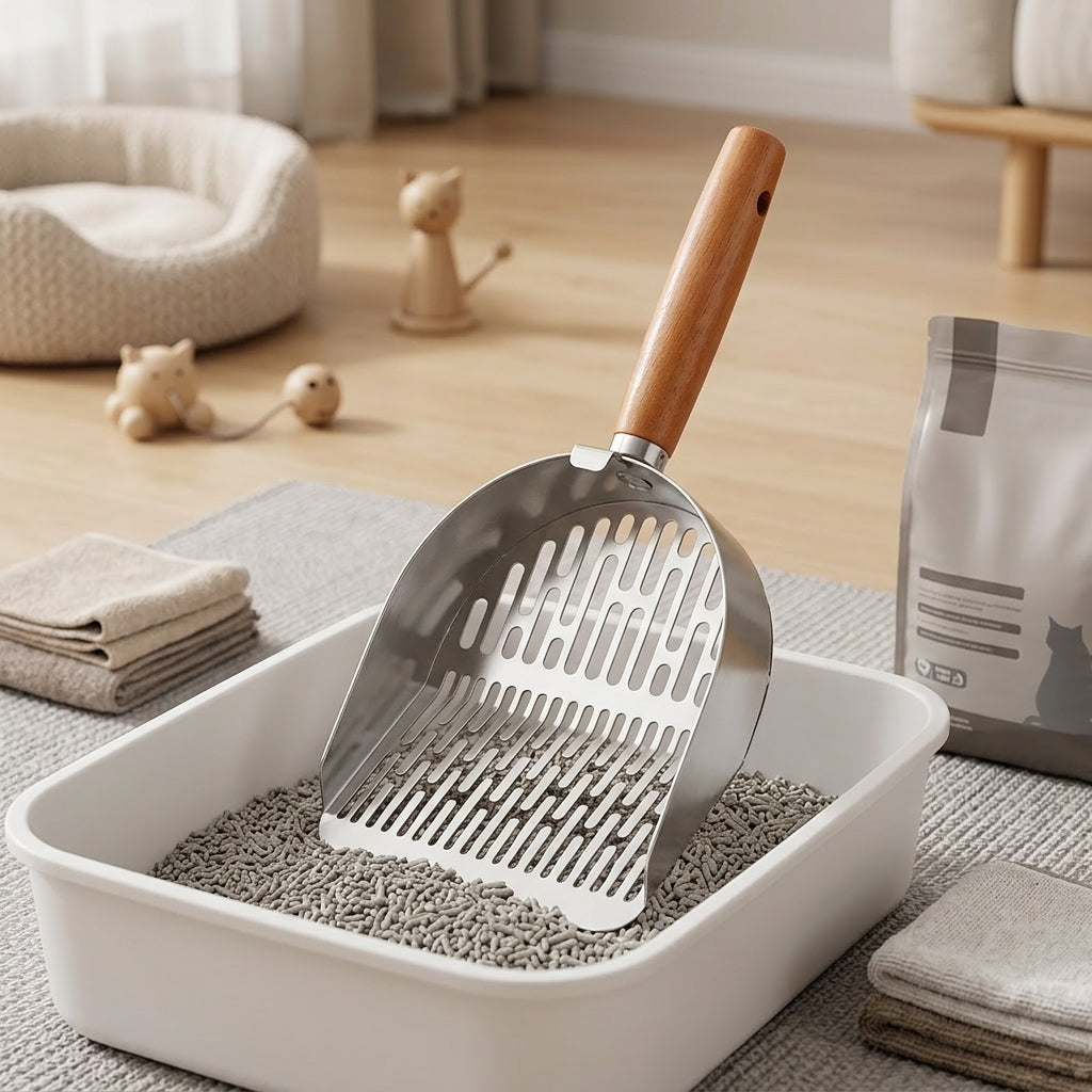Metal Sifter with Slotted Holes, Deep Stainless Steel Cat Dog Waste Picker, Ergonomic Wooden Handle for Tray, Unique Cat Owner Gift