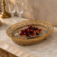 Glass Fruit Plate Gold-Tone Footed Serving Tray Polished Metal