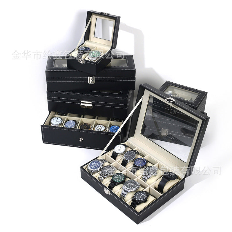 Leather Watch Box with Transparent Window, 20-Slot, Black