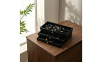 Three-Drawer Jewelry Box with Transparent Lid Rectangular Jewelry Box with Drawers Wood-Grain Container Compact for Women, Vanity, Dresser, Bedside Table