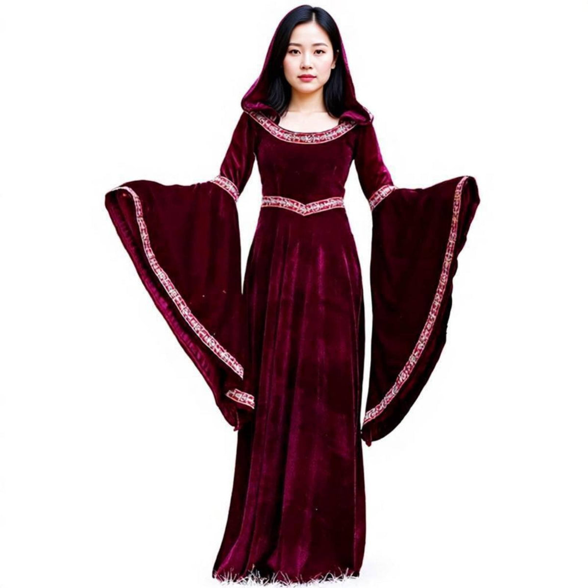 Medieval Witch Costume Retro Royal Design Hooded Dark Noble Gown Flared Sleeves