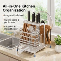 304 Stainless Steel Utensil Holder, Kitchen Organizer for Countertop, Multi-functional Space Saving Rack with Pot Lid & Chopstick Holder