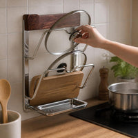 Walnut Wood & 304 Stainless Steel Wall-Mounted Pot Lid Holder with Drip Tray, No-Drill Kitchen Organizer for Cutting Boards