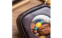 Treasure Pouch Storage Case Dustproof Leather Walnut Storage Bag Handmade Clear Window Collectible Pouch for Collectors