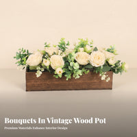 Wood Planter Flower Display Cream Faux Floral Arrangement Eucalyptus Foliage
