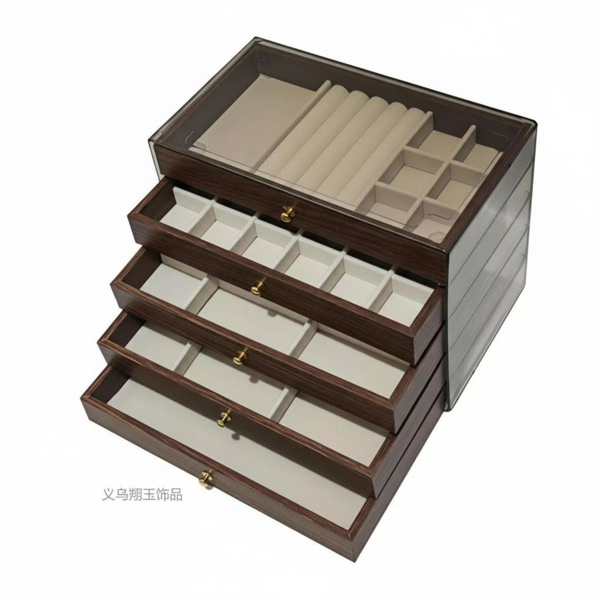 Large Capacity 5-Layer Jewelry Box Walnut Wood Finish Band Necklace Storage Chest Multi-Compartment Wooden Drawer Jewelry Case Dustproof for Women, Closet