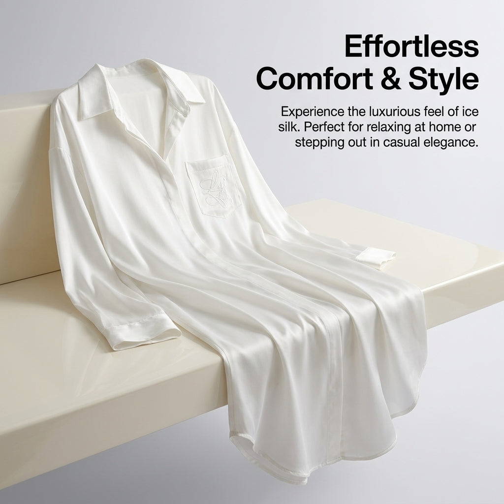 Nightdresses for Women in Ice Silk Material for Summer Sleeping, Long Nightdress with Button Front Design, Ladies Shirt Dress Style