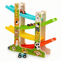 Multi-Level Wooden Car Ramp with 6 Cars Compact Wooden Car Ramp Race Track Toy Indoor Toddler Race Track for Preschoolers