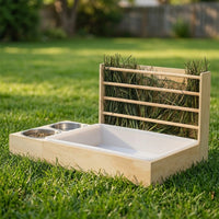 Hay Feeder and Guinea Pig Feeder with Food Bowls, Wooden Hay Rack Small Pet Feeder for Hamster Feeder