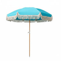Fringe Patio Umbrella Adjustable Tilt Wooden Pole Sunshade for Poolside