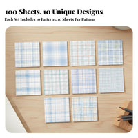 100 Pieces Plaid Memo Sheets Unique Patterns Checkered Background Paper Assorted Designs Grid Note Paper for Students, Crafters, School, Crafting