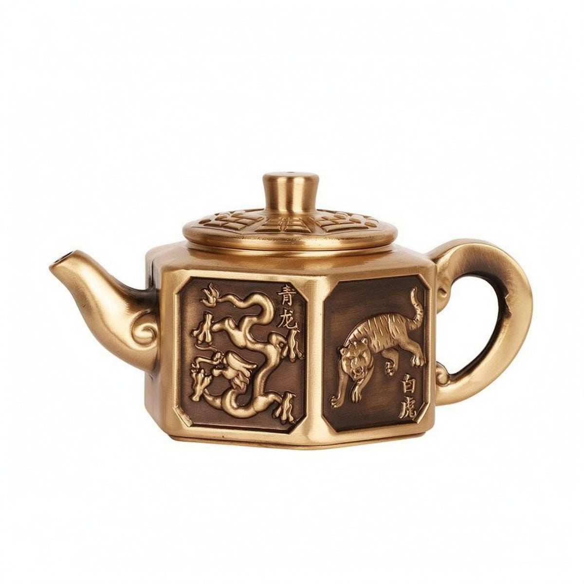 Hexagonal Teapot Curved Spout Brass Teapot Rounded Handle Decorative Tea Kettle for Indoor Display