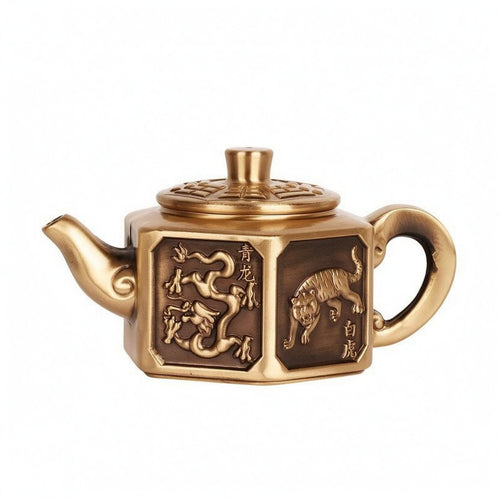 Hexagonal Teapot Curved Spout Brass Teapot Rounded Handle Decorative Tea Kettle for Indoor Display
