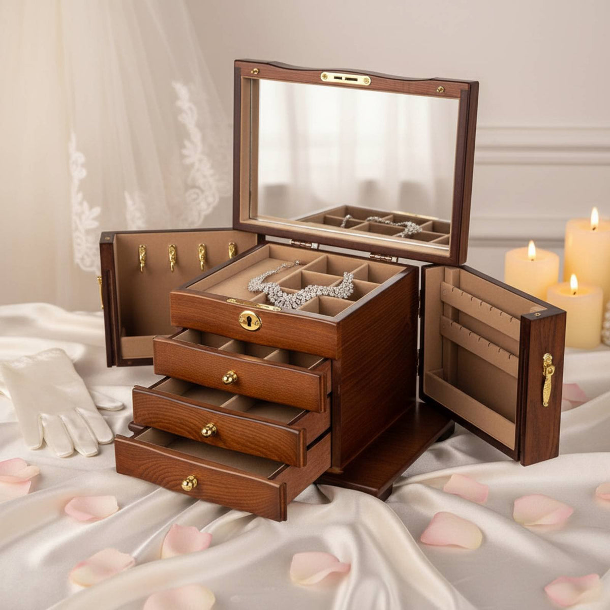 Wooden Jewelry Box Vintage Design Accessory Case Lock and Key
