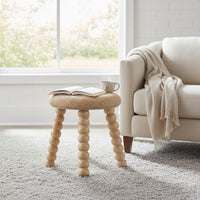 Woven Stool Rounded Design Round Wooden Stool Decorative Accent Wooden Vanity Seat for Bedroom, Entryway