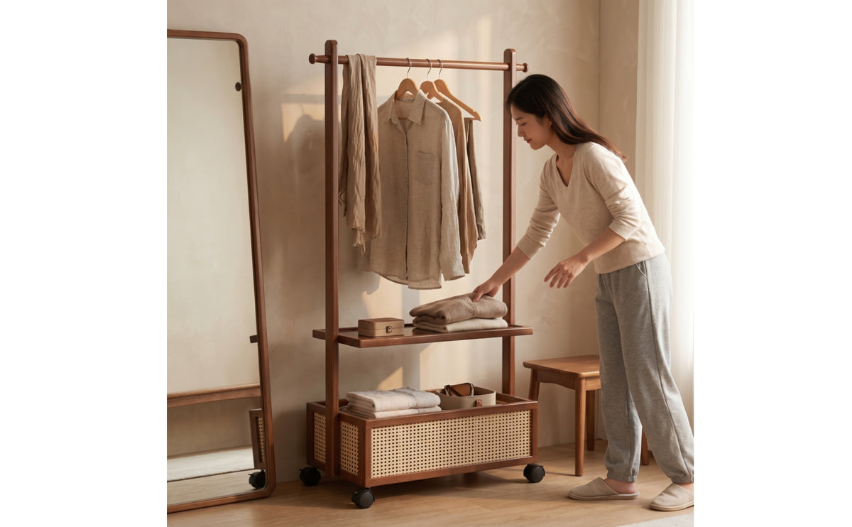 Clothes Rack with Storage Bin Freestanding Garment Rack with Shelves Mobile for Students, Renters, Bedroom, Dorm Room, Entryway