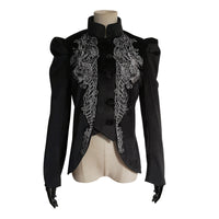 Punk Gothic Women's Long Coat Jacket with Black Embroidered Flowers and Court Lantern Sleeves