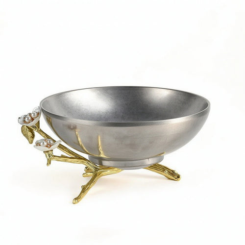 Decorative Bowl with Floral Base Silver-Tone Stainless Steel Fruit Bowl Glossy