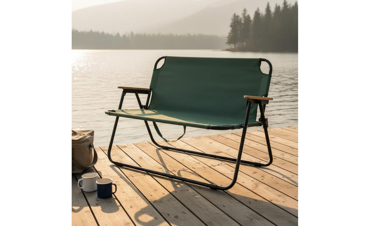 Foldable Design Double Folding Chair Comfortable Seating 2 Person Folding Camp Chair Anti-Slip Feet Folding Beach Loveseat Rust Resistant Frame for Backyard