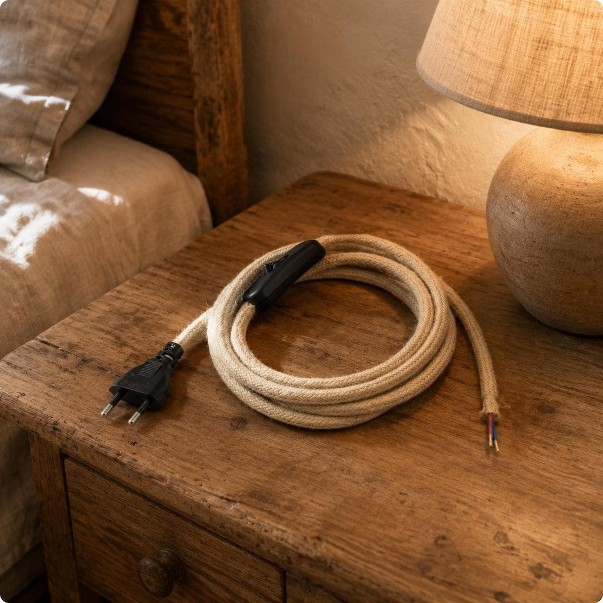 Europlug Power Cord Stripped Wire Ends Braided Lamp Cord Electrical Accessory Rustic