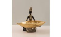 Figurine with Tray Black and Gold Catchall Tray Statue Resin Sculpture Unique for Entryway, Console Table