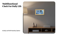 Multi-Function Temperature Humidity Clock Wood Grain Finish Calendar Clock with Temperature for Seniors, Families, Visually Impaired, Living Room, Desk, Bedroom, Kitchen