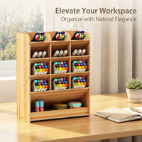 Office Organizer for Desk with Multi Compartment, Wooden Pen Holder Desktop Storage, Slanted for Stationery for Students