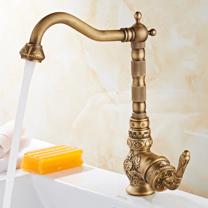 Antique Brass Basin Faucet with European Carved Pattern, Single Hole, Mixer