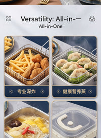 跨境不锈钢方形油炸锅厨房带炸篮炸锅家用收纳保鲜盒可蒸油炸小煮
