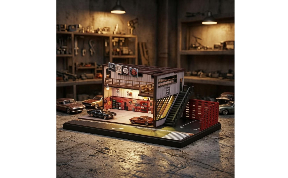1:64 Warehouse Repair Shop Model Exterior Staircase Warehouse Repair Shop Diorama Parking Area Workshop Display Props