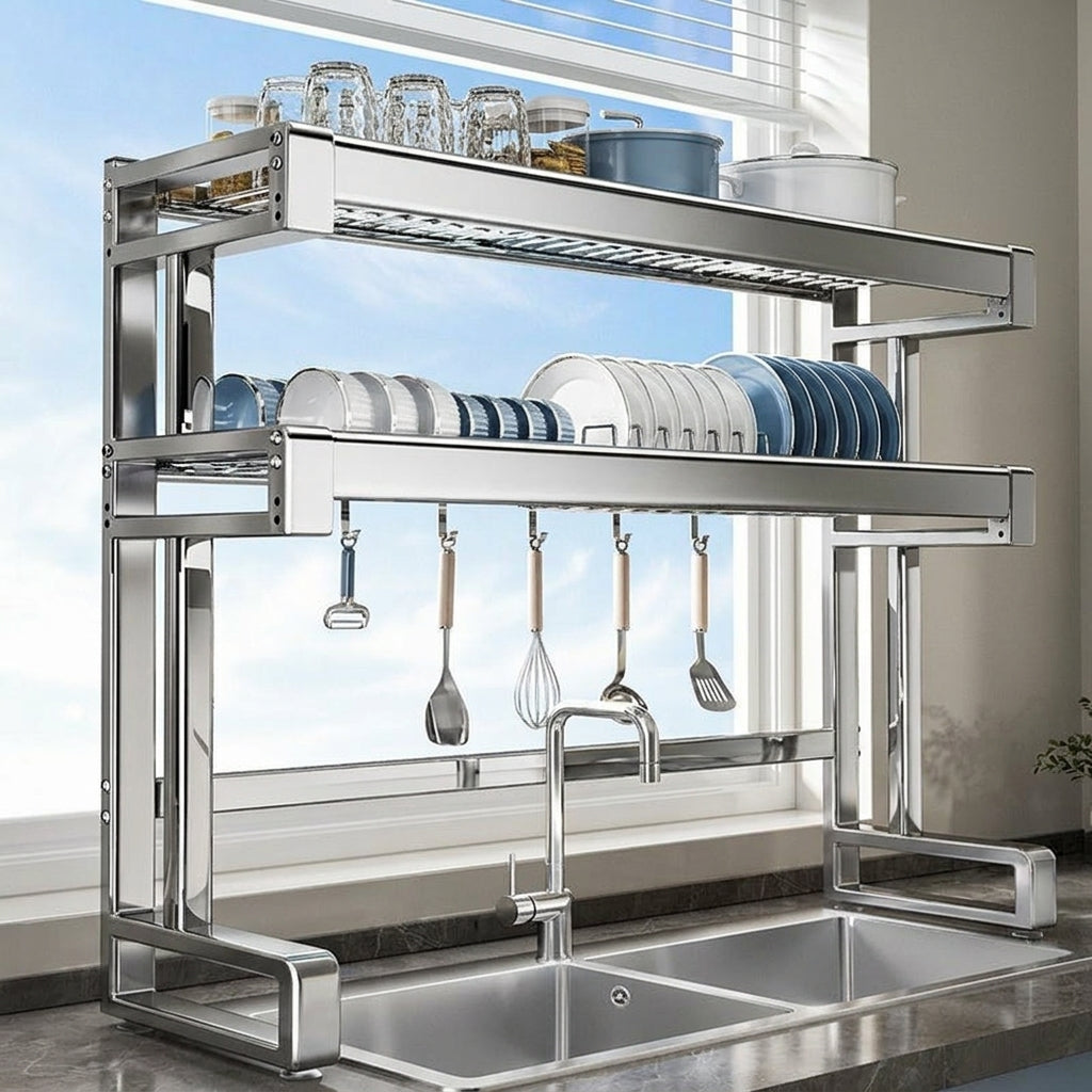 Dish Rack Kitchen Sink Organizer and Drainage Rack, Stainless Steel Kitchen Sink Rack with Cutting Board Holder, Multi-functional Space Saver