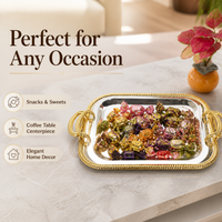 Luxury Square Serving Tray with Handles, Electroplated Metal Serving Platter for Coffee Table Decor, Silver Gold Highlight
